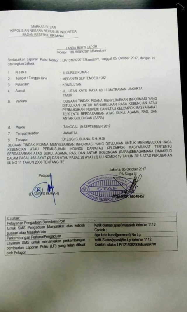 Surat Pelaporan Eggi Sudjana di Bareskrim Polri (Foto: Dok. Istimewa)