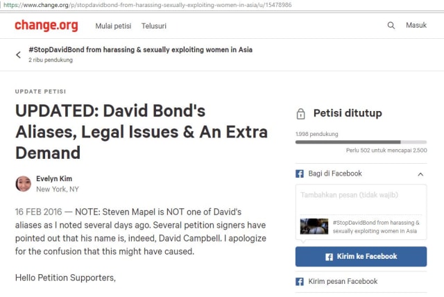 Petisi untuk Menghentikan Aksi David Bond (Foto: change.org)