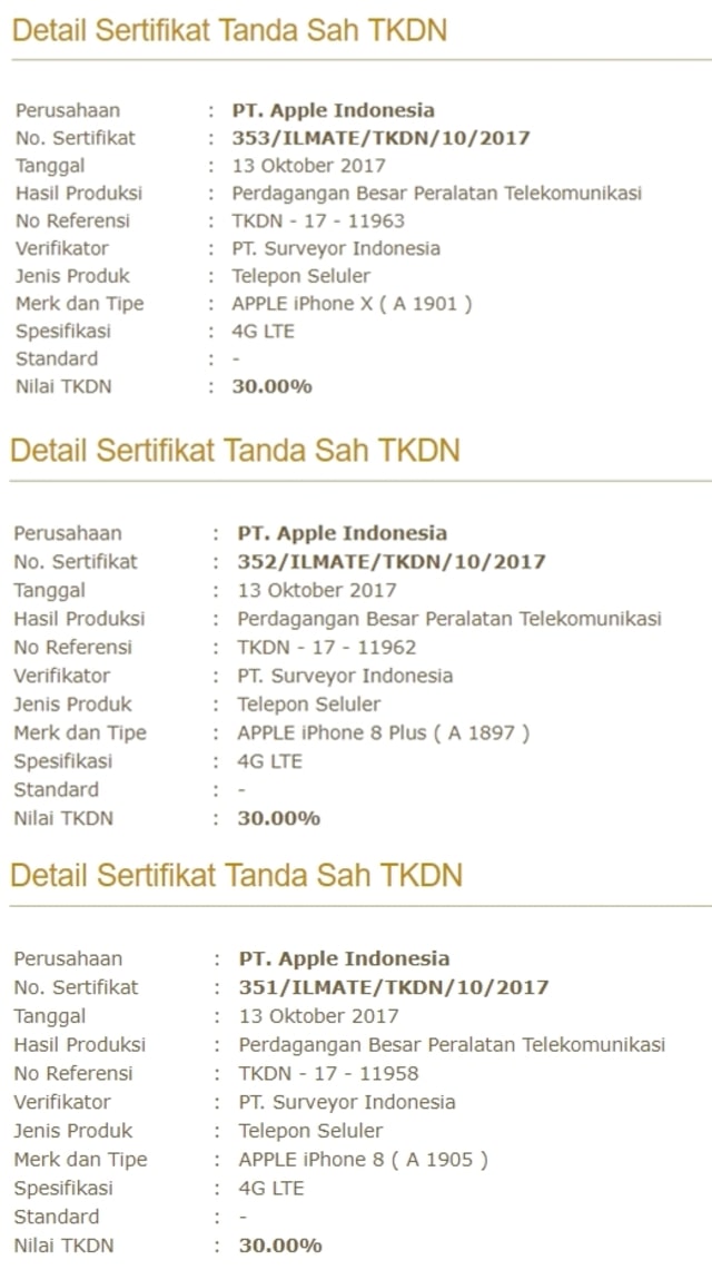 TKDN iPhone X, iPhone 8, dan iPhone 8 Plus. (Foto: P3DN Kementerian Perindustrian)