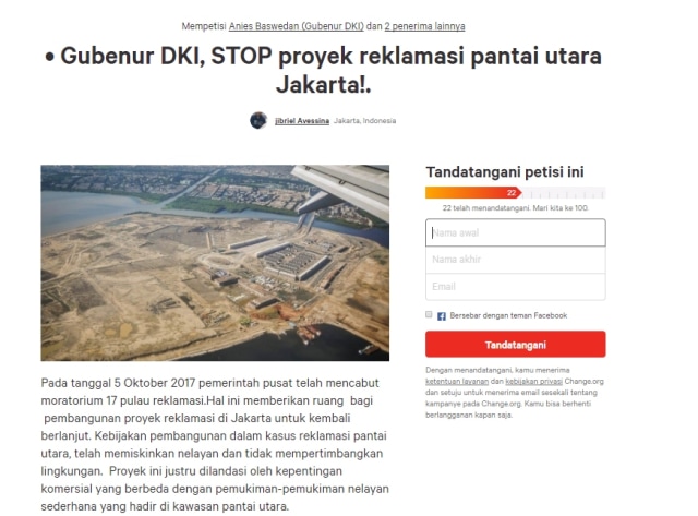 Petisi tolak kelanjutan reklamasi. (Foto: Dok. www.change.org/luhut-pandjaitan)