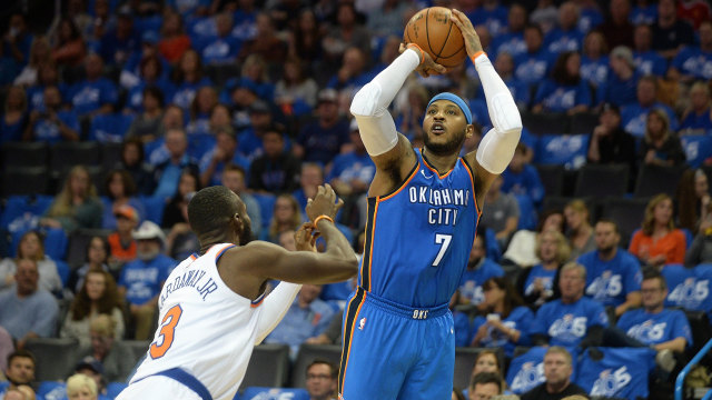 Debut Carmelo Anthony di Thunder manis. (Foto: Reuters/Mark D. Smith)