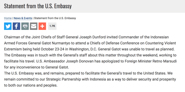 Statemen Kedubes AS soal Jenderal Gatot (Foto: Website Kedubes AS)