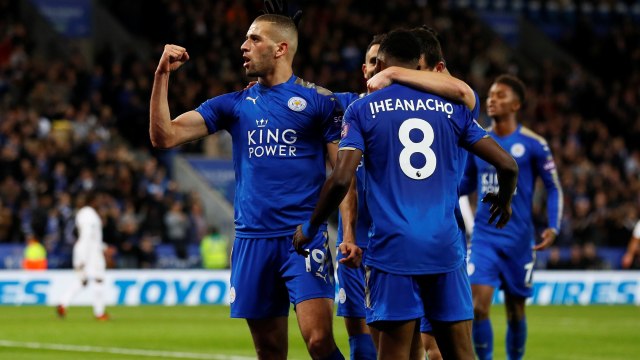 Perayaan gol Leicester City. (Foto: Reuters/Jason Cairnduff)