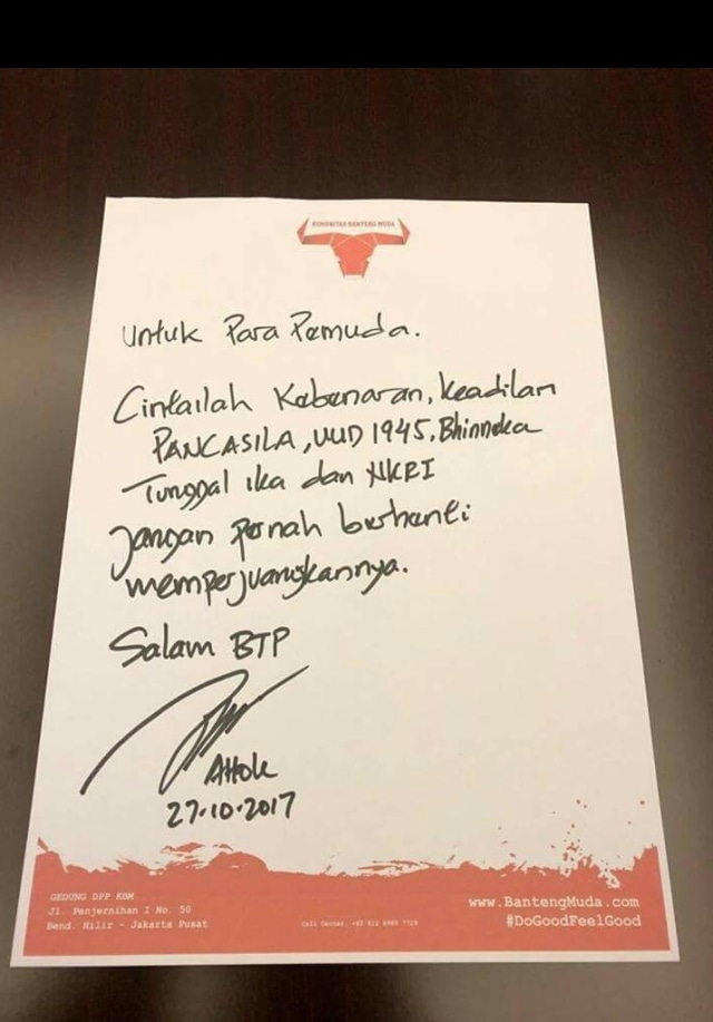 Surat Ahok untuk para pemuda. (Foto: Dok. komunitas banteng muda)