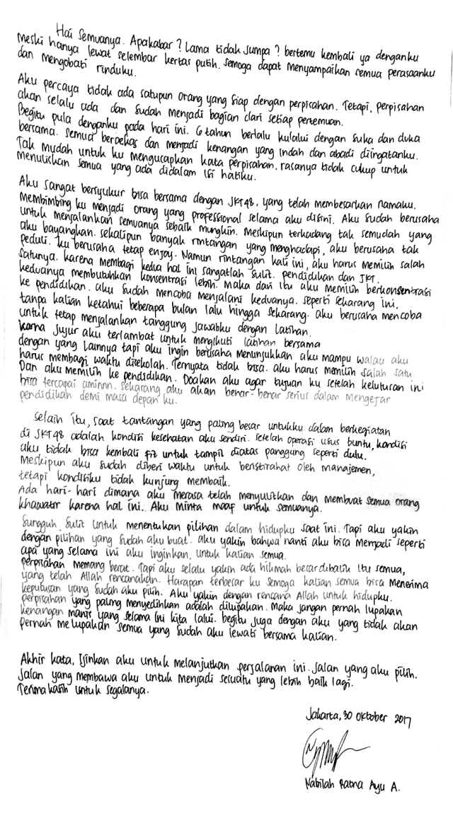 Surat Nabilah JKT48 (Foto: Dok JKT48)