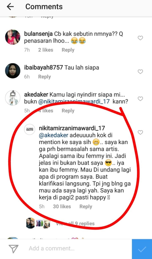 Komentar Nikita Mirzani di Instagram Femmy (Foto: Screencapture Instagram)