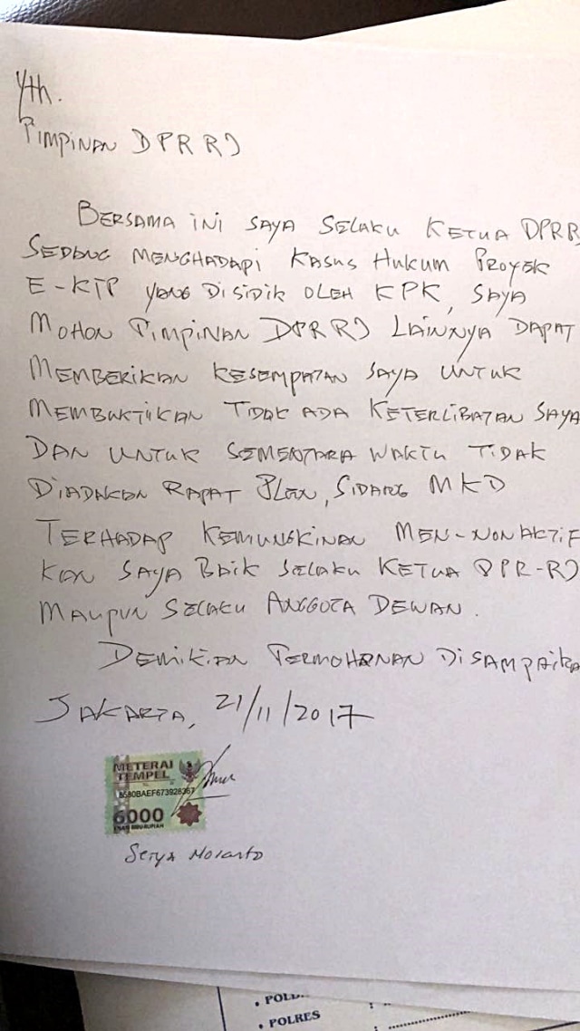Surat Tertulis Setya Novanto (Foto: Dok. Istimewa)