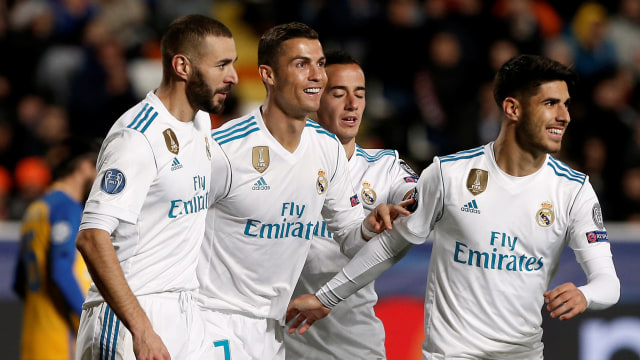 Selebrasi Real Madrid untuk gol Ronaldo. (Foto: Reuters/Alkis Konstantinidis)