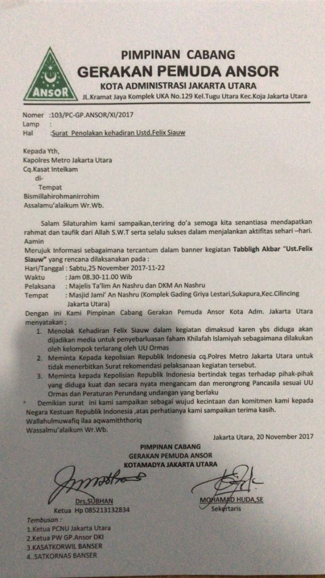 Surat GP Ansor Tolak Kehadiran Felix Siauw (Foto: Dok. Istimewa)