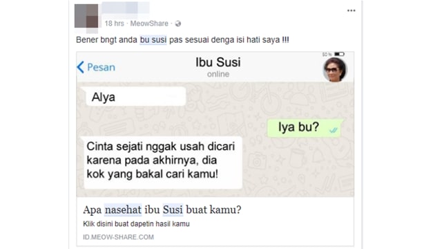 Kuis 'Nasihat Ibu Susi' di Facebook. (Foto: Screenshot Facebook)
