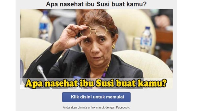 Kuis 'Nasihat Ibu Susi' di Facebook.. (Foto: Screenshot Facebook)