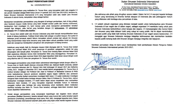 Surat pernyataan tentang sikap dr. Taruna Ikrar (Foto: Dok. Istimewa)