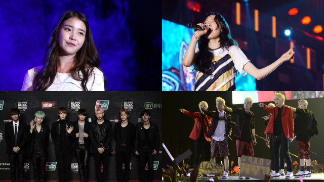 IU, Taeyeon, BTS, dan B.A.P (Foto: AFP/Hoang Dinh Nam, Starnews, & Philippe Lopez. Niken Anggun/kumparan)