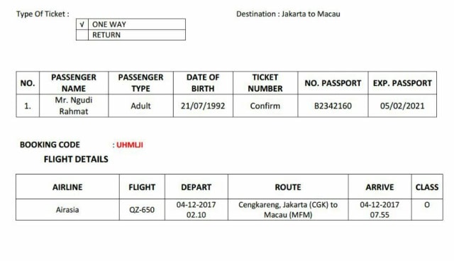 Tiket Jakarta-macau (Foto: Dok. Istimewa)