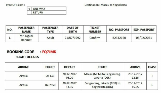 Tiket pulang Macau-Yogyakarta (Foto: Dok. Istimewa)