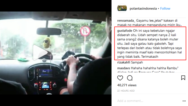 Tanggapan Gustaf di instagram @polantasindonesia (Foto: Instagram/@polantasindonesia)
