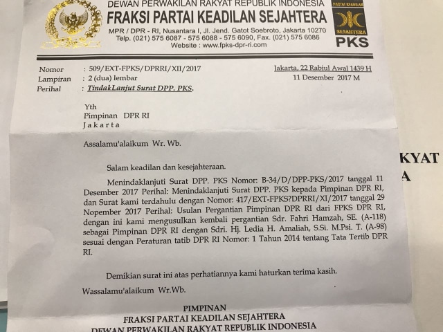 Surat FPKS soal pergantian pimpinan DPR (Foto: Ferio Pristiawan/kumparan)