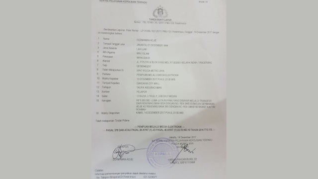 Surat laporan penipuan tiket DWP (Foto: Dermawan Adjir)
