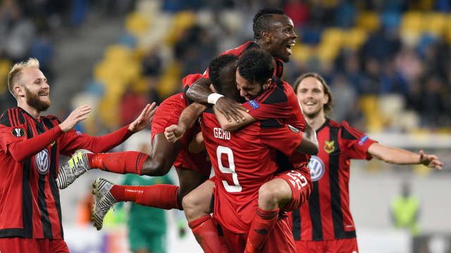 Perayaan gol pemain-pemain Oestersunds. (Foto: AFP/Genya Savilov)