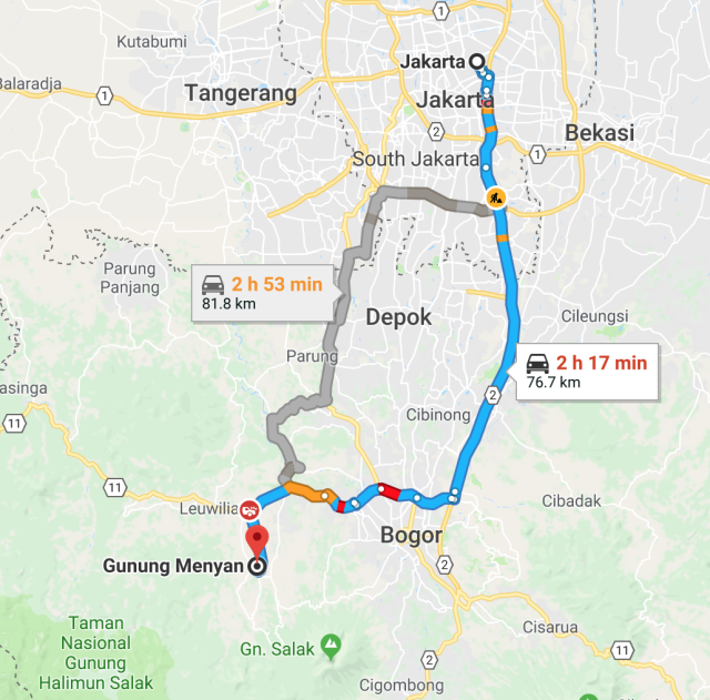 Rute Jakarta ke Gunung Menyan di Bogor (Foto: Google Maps)