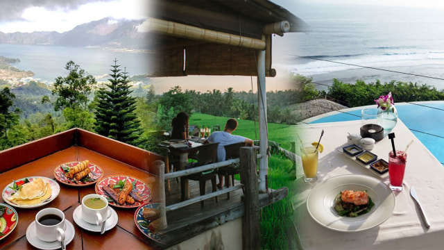 Restoran di Bali dengan pemandangan indah (Foto: Facebook Lakeview Forest Garden, Dok. kintamani.id, dan Instagram @kandarakarma)
