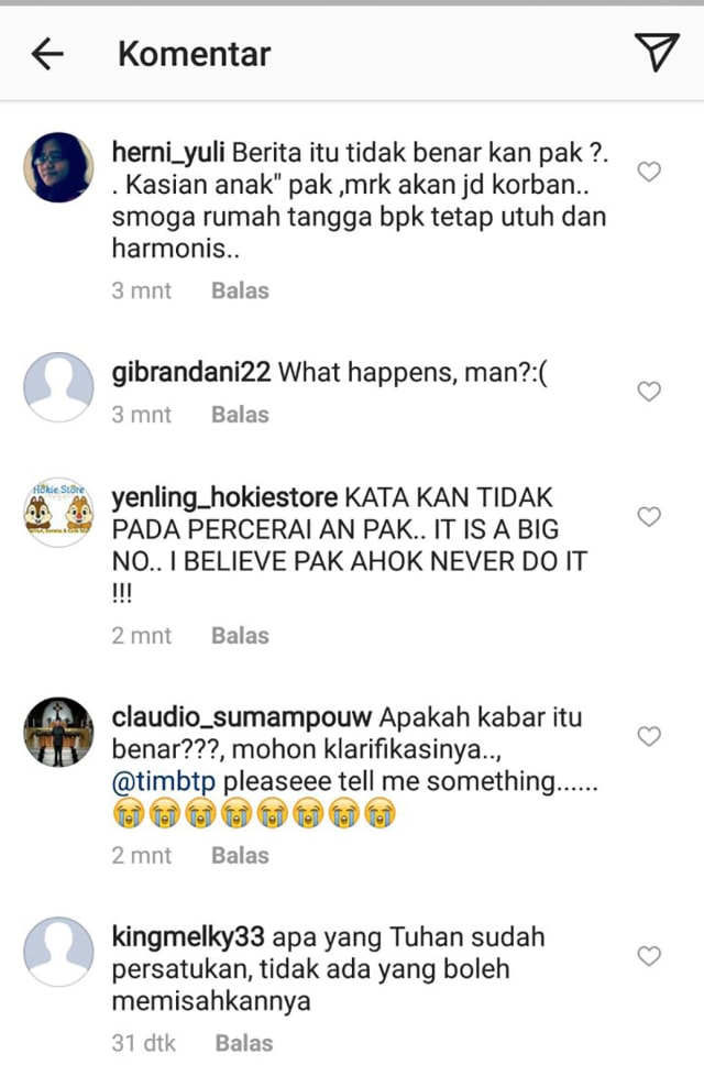Komentar di Instagram Ahok (Foto: Instagram @basukibtp)