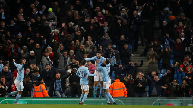 Manchester City merayakan gol Sergio Aguero. (Foto: CARL RECINE)