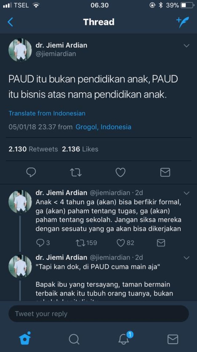 Cuitan dokter Jiemi Ardian tentang PAUD (Foto: Facebook /Dodi K Wibowo )
