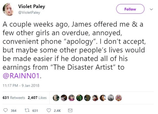 James Franco minta maaf pada Violet Paley (Foto: Twitter @VioletPaley)