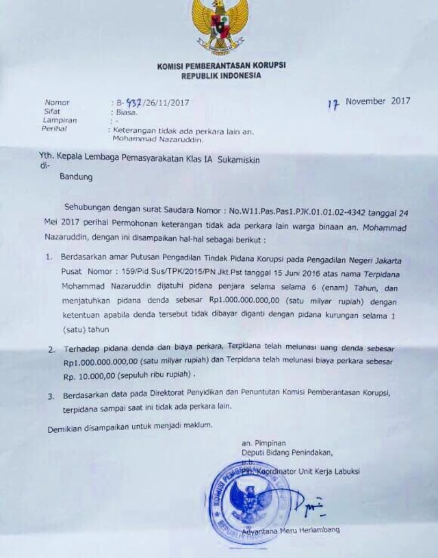 Surat KPK kepada Lapas Sukamiskin (Foto: Twitter @Fahrihamzah)