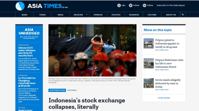Asia Times beritakan robohnya balkon BEI (Foto: Asia Times)