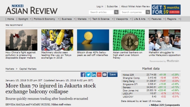 Nikkei Asian Review beritakan robohnya balkon BEI (Foto: Nikkei Asian Review)