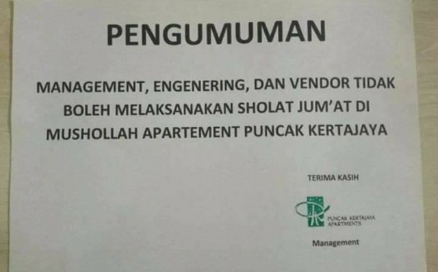 Penyelesaian Larangan Sholat di Apartemen Puncak Kertajaya Tak Bisa Diselesaikan Level Polsek