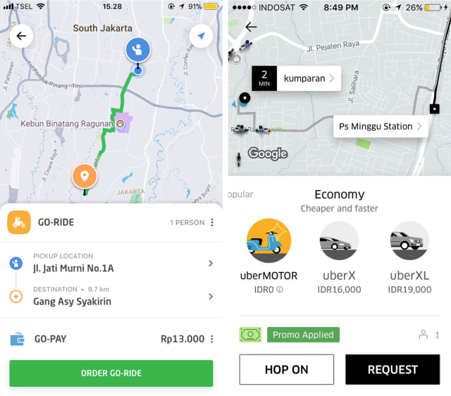 Perbedaan tampilan aplikasi Go-Jek dan Uber. (Foto: Astrid Rahadiani Putri/kumparan)