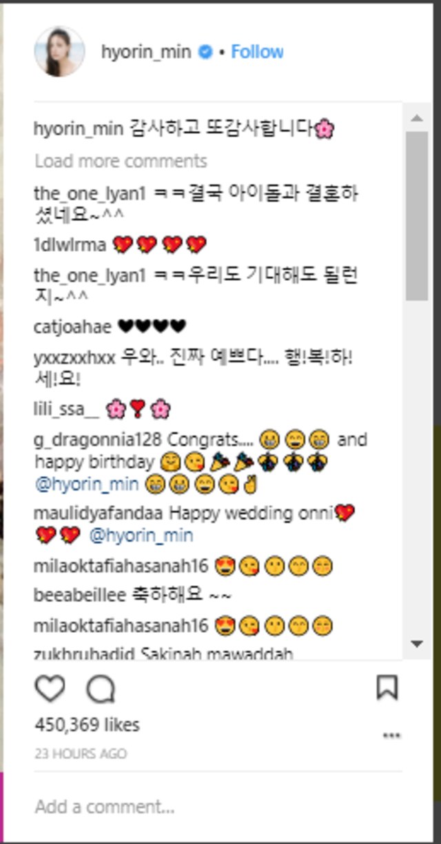 Komentar netizen di foto Min Hyo-rin (Foto: Instagram @hyorin_min)