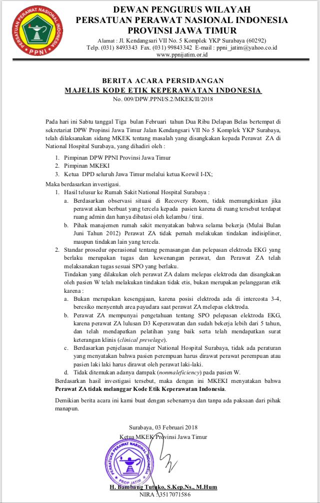 Surat persidangan majelis kode etik keperawatan (Foto: Dok. PPNI Jatim)