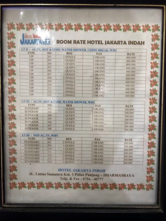 Room rate Hotel Jakarta Indah, Dhamasraya (Foto: Twitter @pramonoanung)