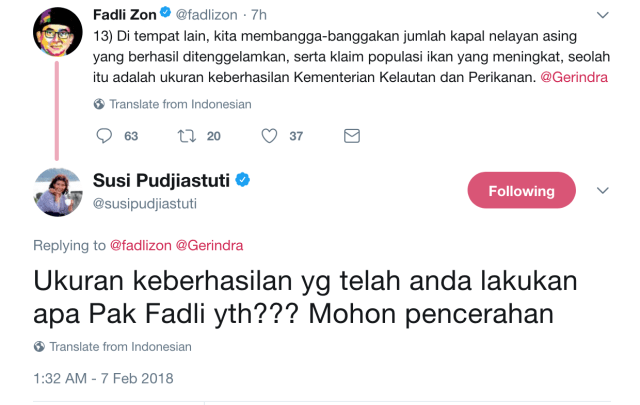 Tweet Fadli Zon vs Susi Pudjiastuti (Foto: Twitter)