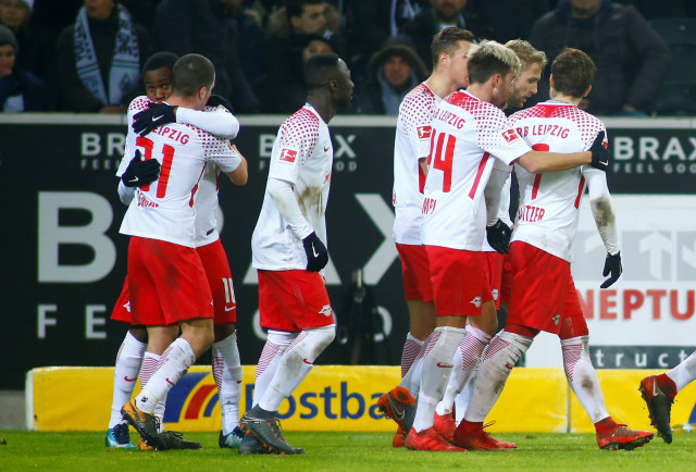 Selebrasi gol pemain Leipzig. (Foto: REUTERS/Thilo Schmuelgen)