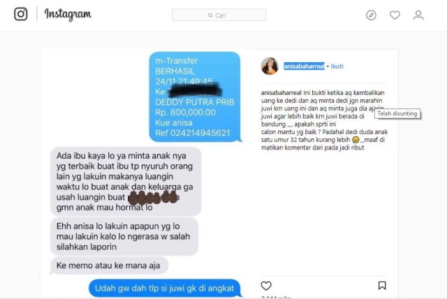 Screenshot chat Anisa Bahar dan Deddy. (Foto: Instagram/@anisabaharreal)