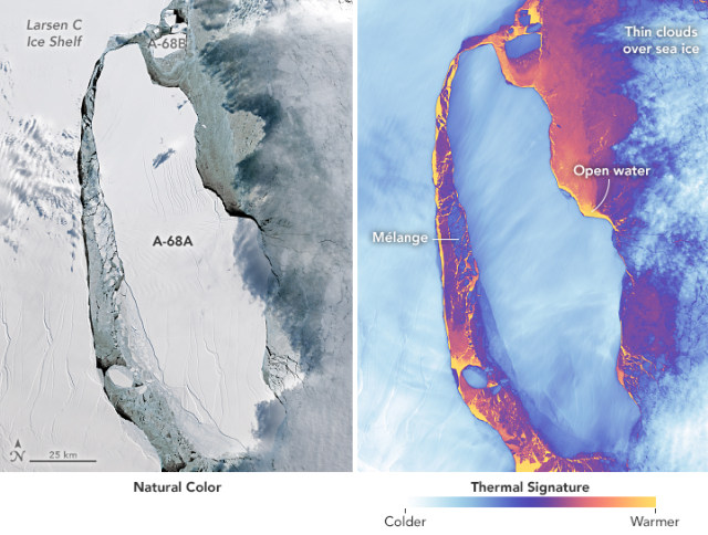 Lempengan es Larsen C dan Iceberg A-68. (Foto: Joshua Stevens/NASA Earth Observatory)