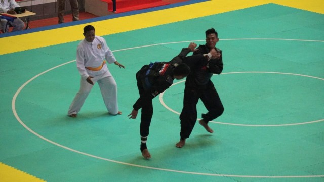 Pesilat Eko Febrianto meraih emas pencak silat (Foto: Nugroho Sejati/kumparan)