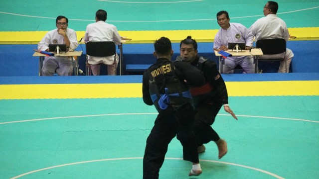 Pesilat Eko Febrianto meraih emas pencak silat (Foto: Nugroho Sejati/kumparan)