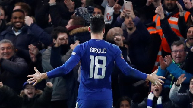 Selebrasi Giroud usai mencetak gol untuk Chelsea. (Foto: Reuters/Paul Childs)