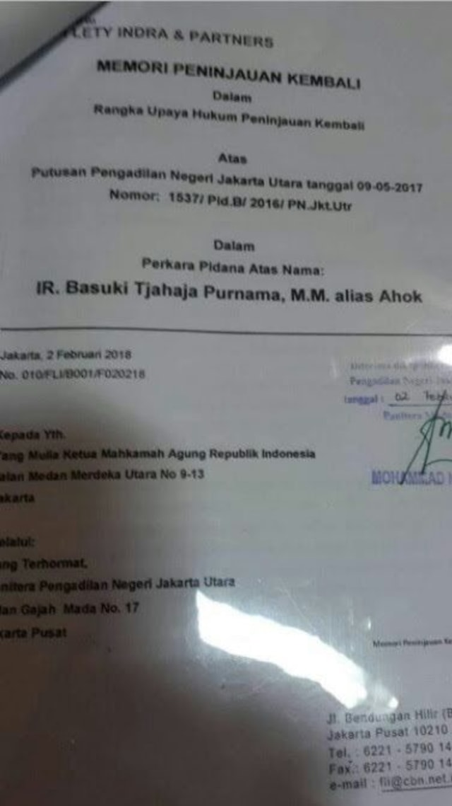 Surat peninjauan kembali perkara pidana Ahok (Foto: Dok. Istimewa)