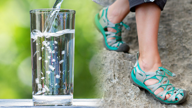 Segelas air putih dan sepatu gunung. (Foto: Thinkstock & Shutterstock)