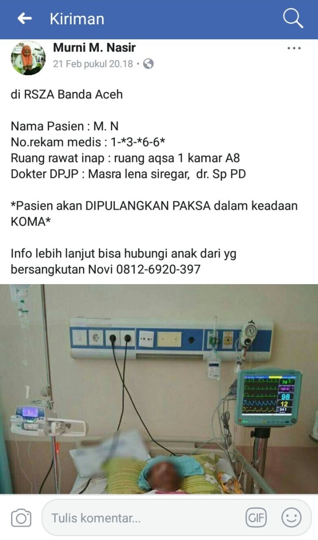 Pasien koma diminta pulang oleh Rumah Sakit (Foto: Screenshoot Facebook)