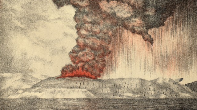 Litografi letusan Gunung Krakatau tahun 1883 (Foto: Wikimedia Commons)