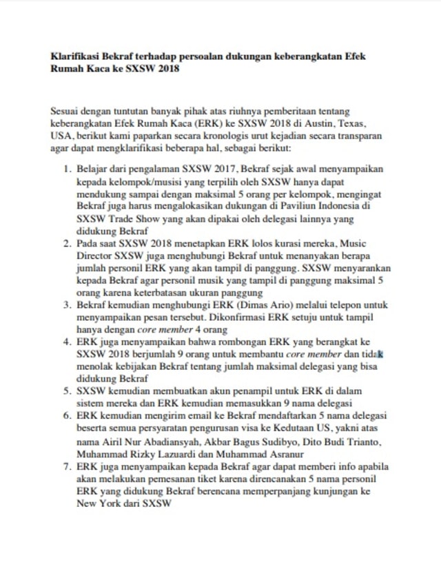 Surat klarifikasi Bekraf SXSW 2018 (Foto: Dok. Badan Ekonomi Kreatif)