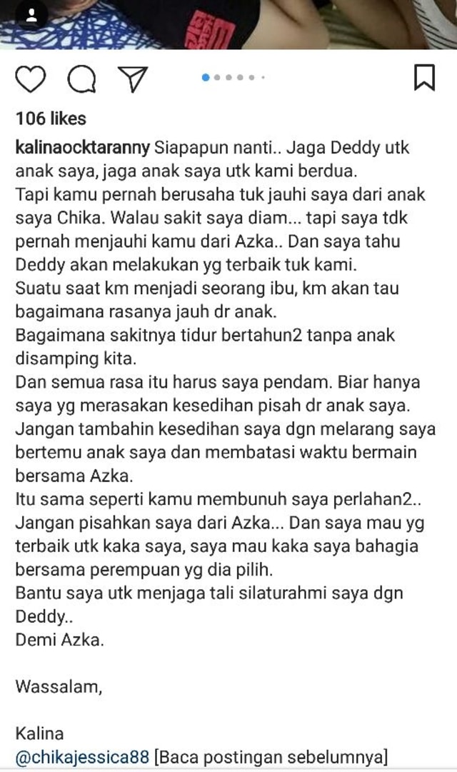 Curhat Kalina untuk Chika jessica. (Foto: Instagram @kalinaocktaranny)